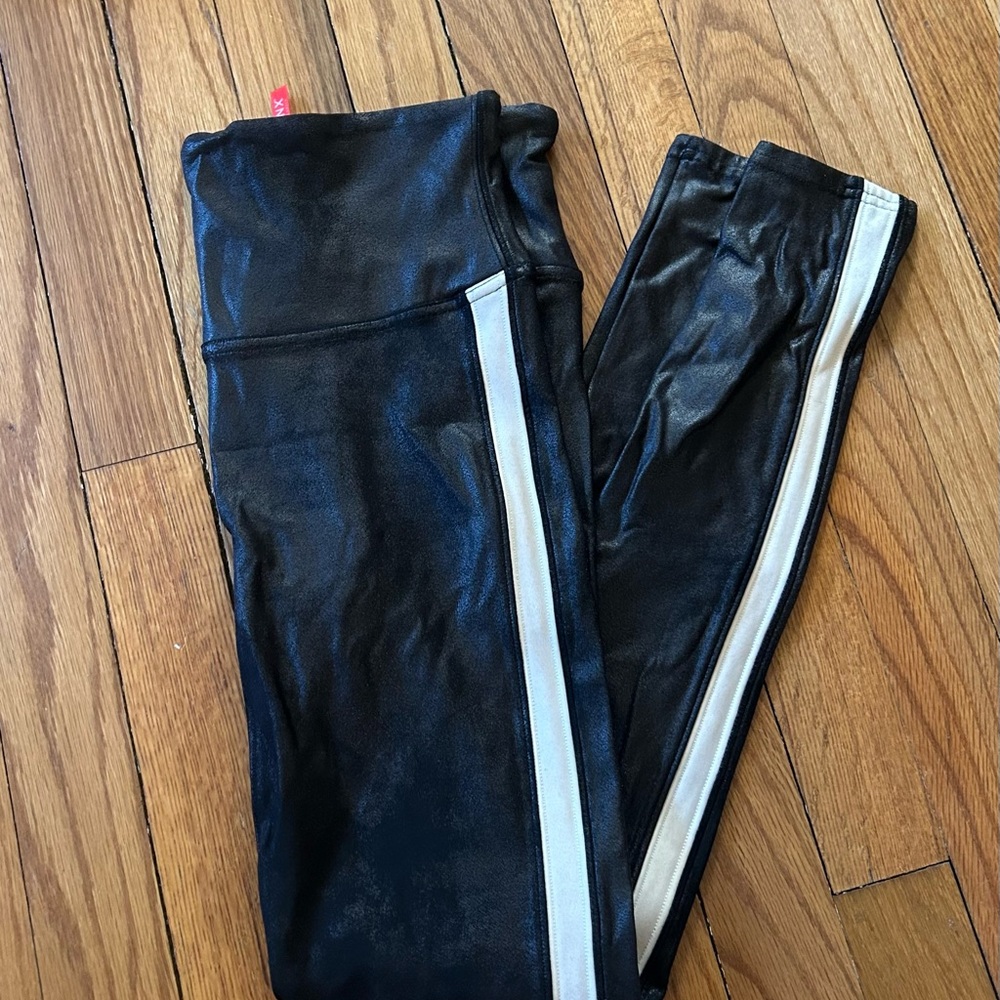 Black Faux Leather Leggings with White Stripe